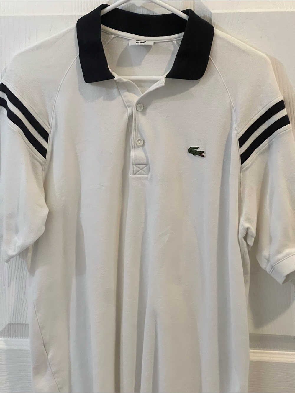 NWOT Lacoste White Polo with Black Collar and Sleeve Stripes